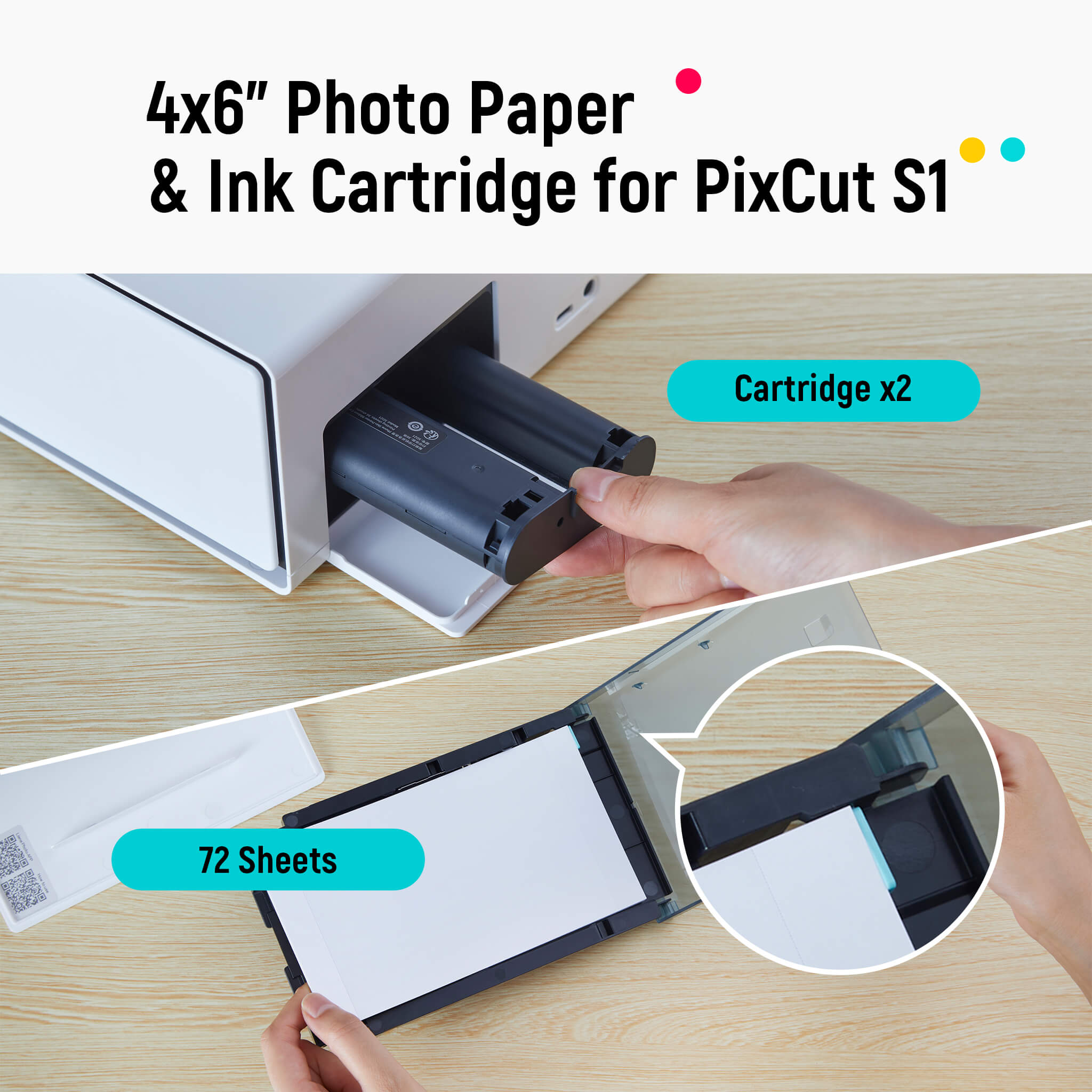 PixCut S1 4x6" Photo Paper 72 Sheets & 2 Ink Cartridges Refill