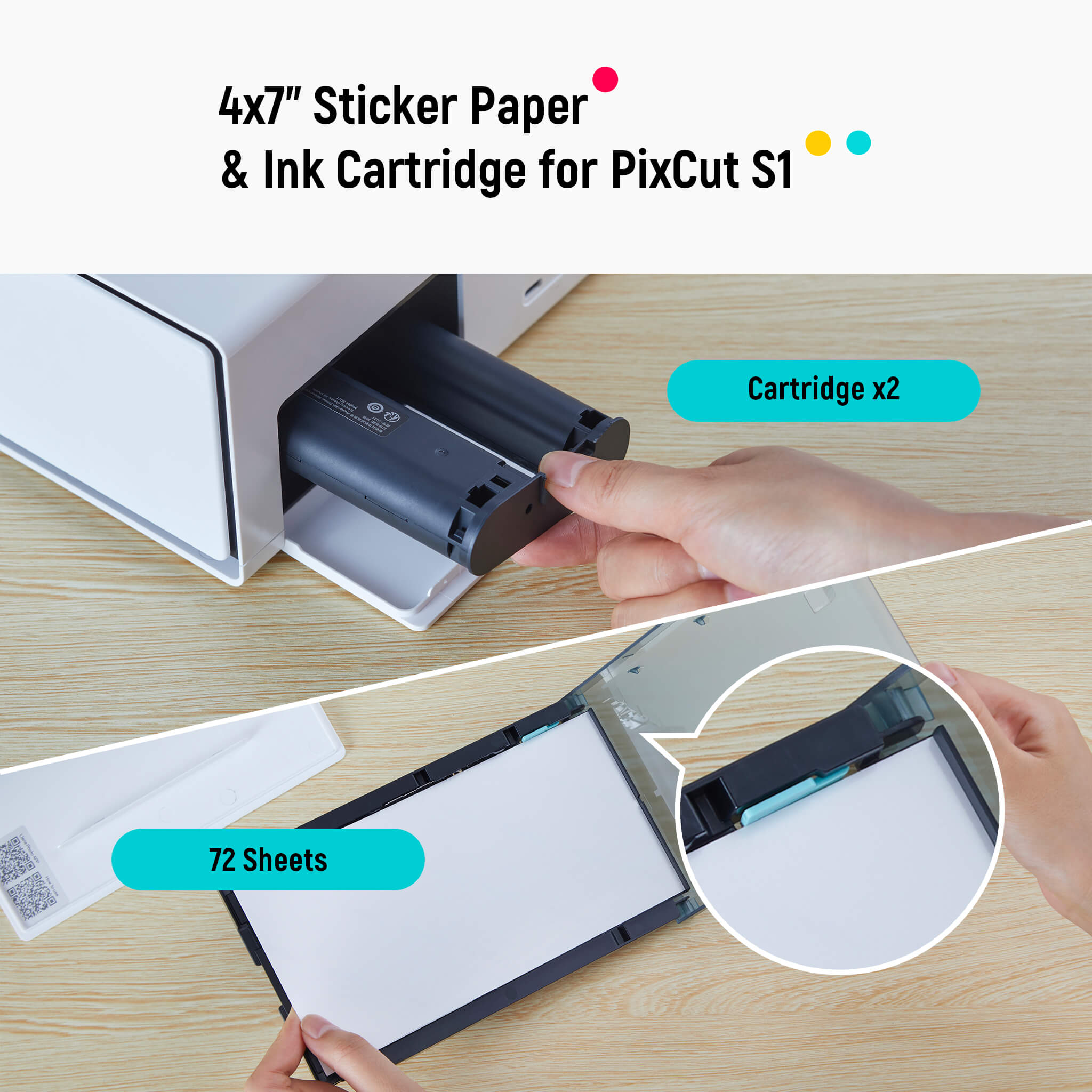 PixCut S1 4x7" Sticker Paper 72 Sheets & 2 Ink Cartridges Refill